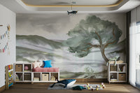 A living room featuring the misty hills wall mural.