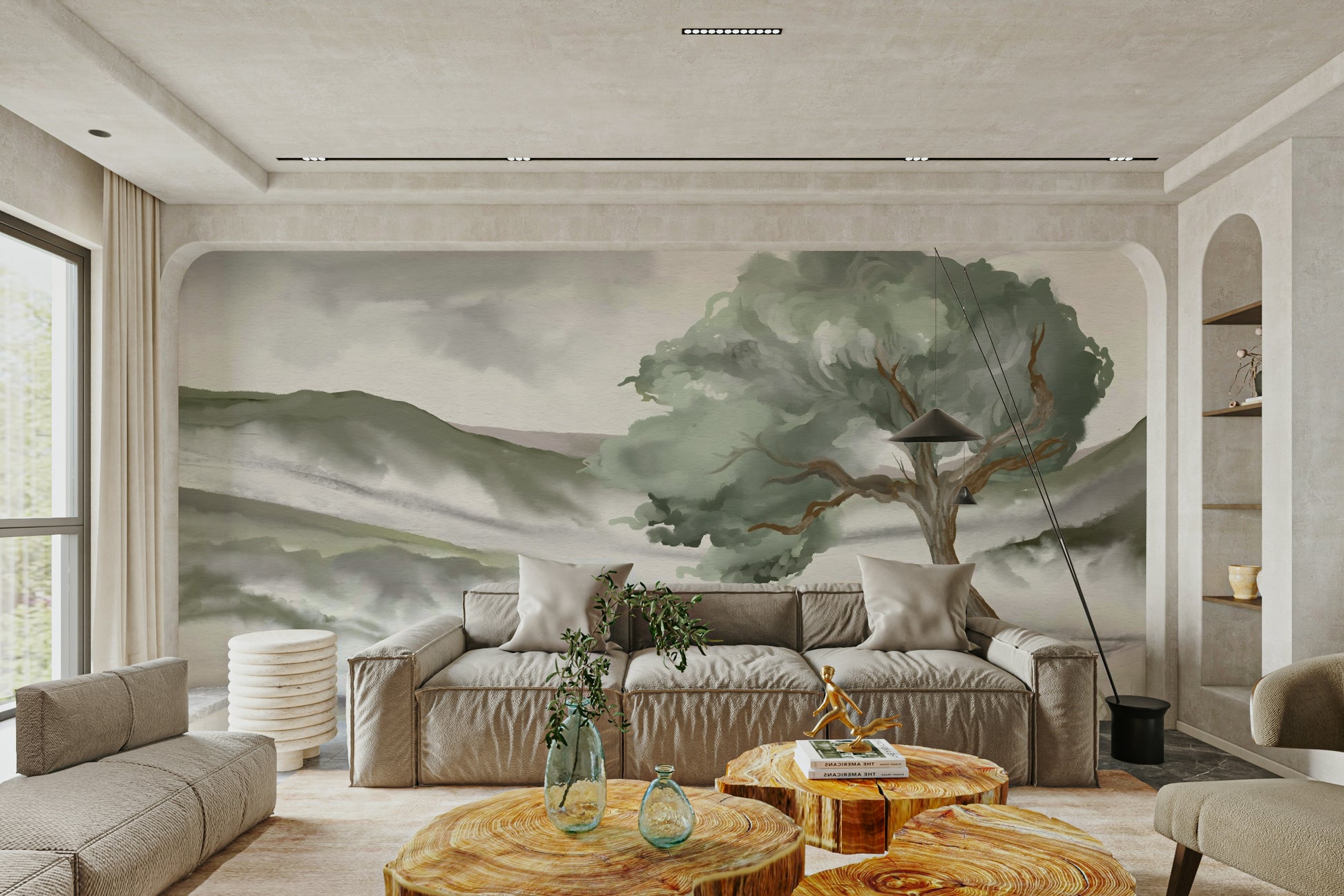 A beautiful, serene landscape of misty hills and valleys.