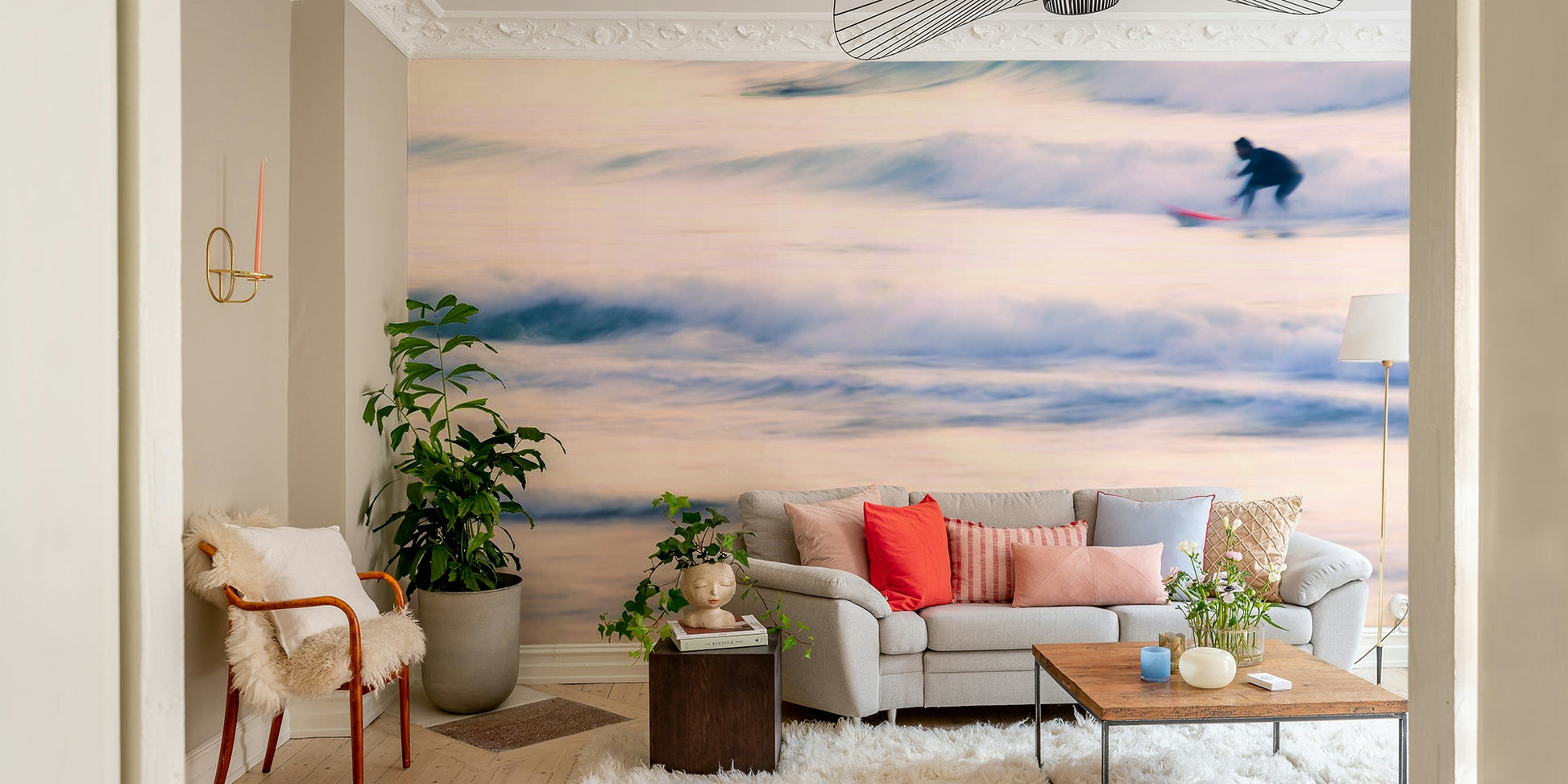 A minimalist home office with the surf-themed wallpaper.

