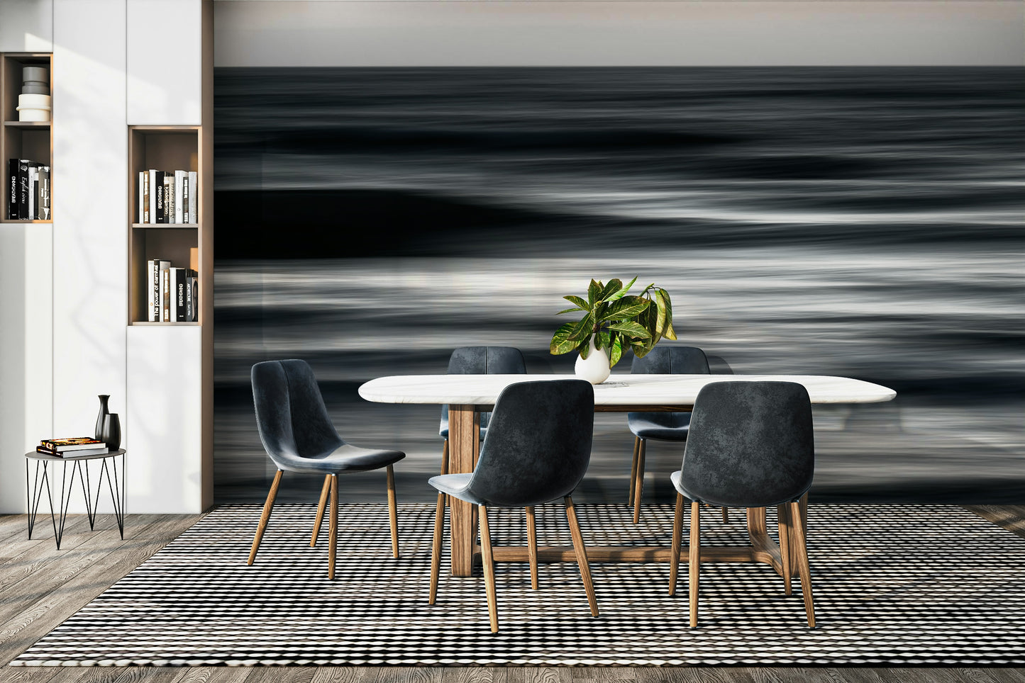 A minimalist home office with the abstract wave wallpaper.

