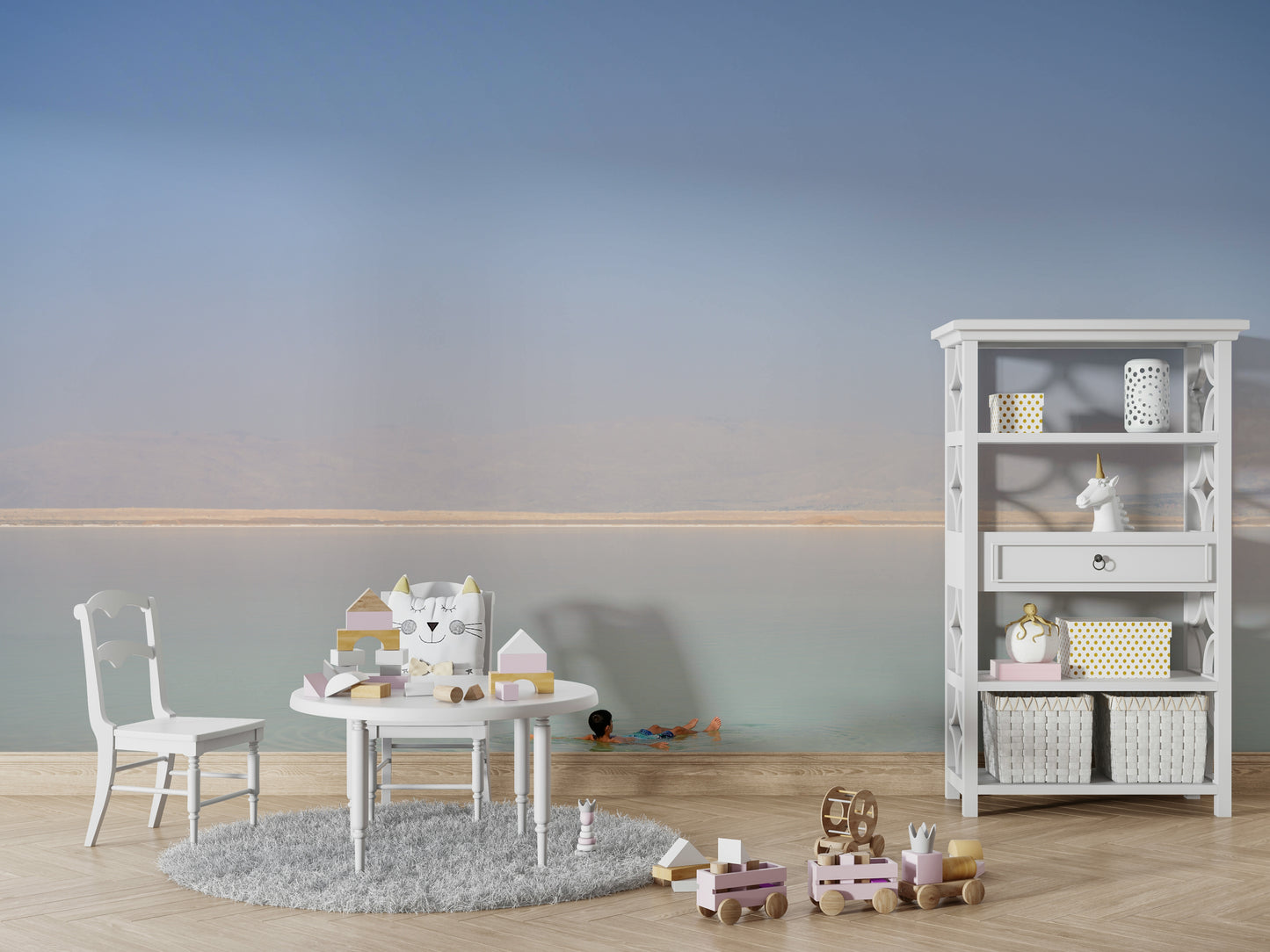 The wallpaper is used as a feature wall in a bedroom.

