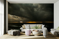 The wallpaper is used to create a feature wall in a dining room.

