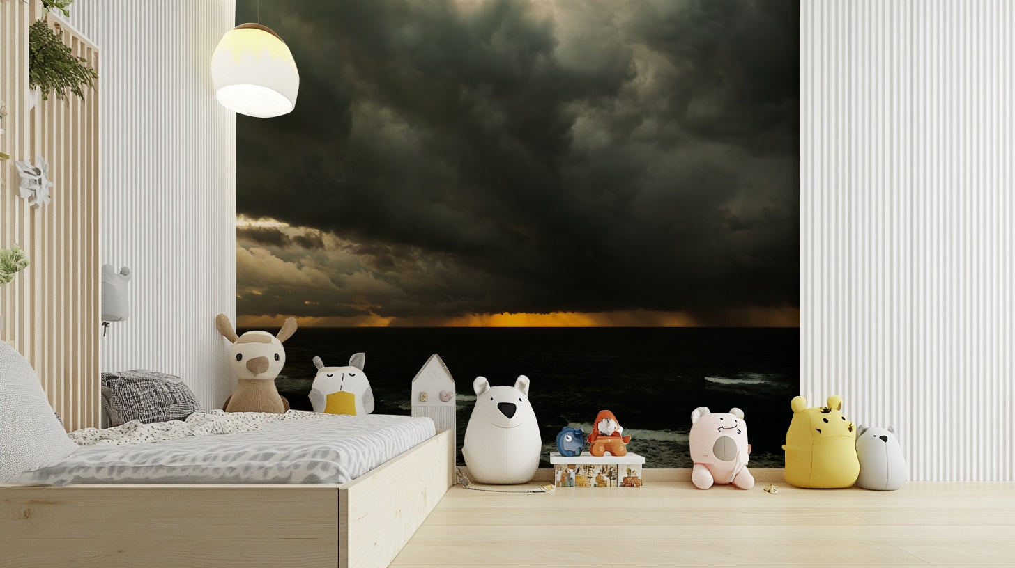 A minimalist home office with the light-themed wallpaper.

