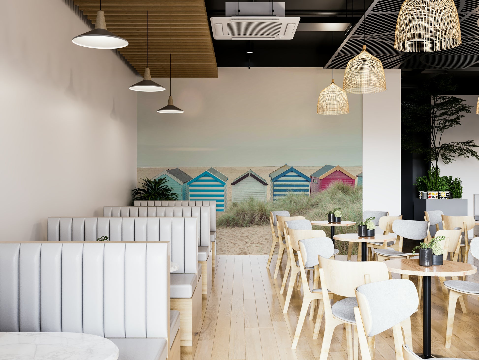 A minimalist interior with the beach-themed wallpaper.

