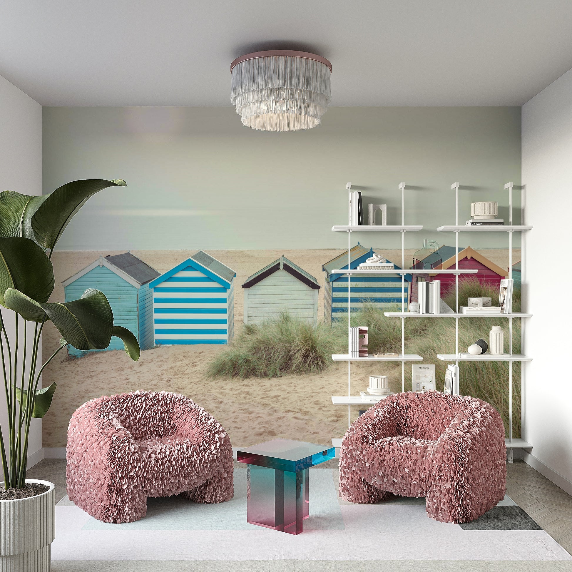 A close-up of the vibrant, painted doors and wooden texture of the sheds.

