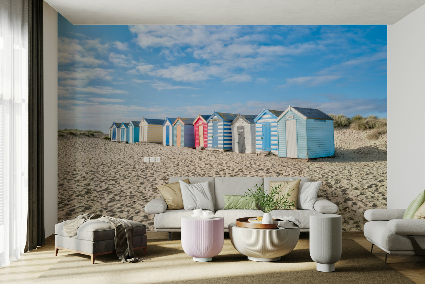 The peel and stick wallpaper showing realistic beach scenery.

