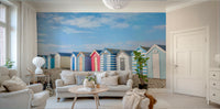 A minimalist interior with the beach-themed wallpaper.

