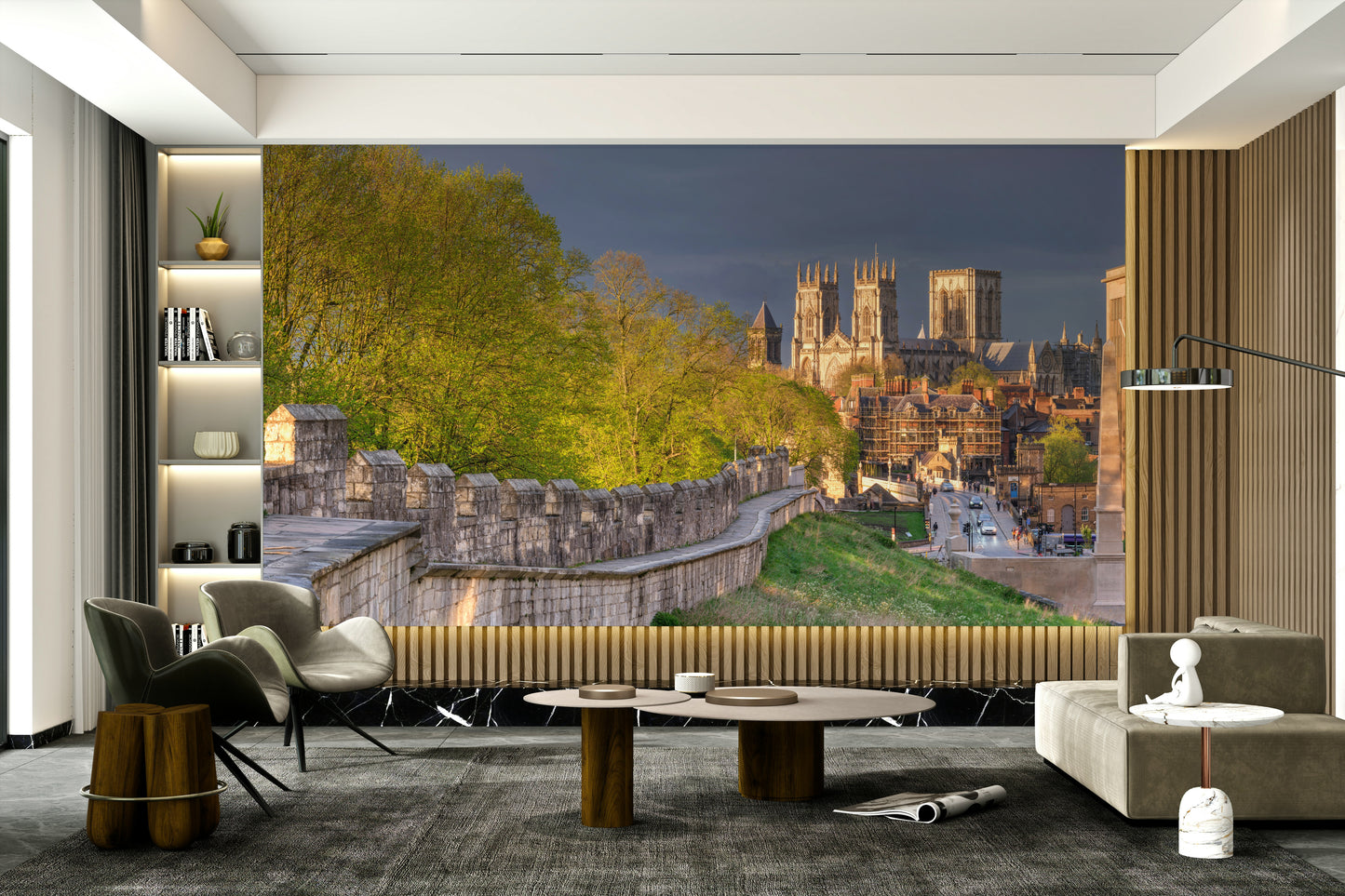 The wallpaper is used to create a feature wall in a dining room.

