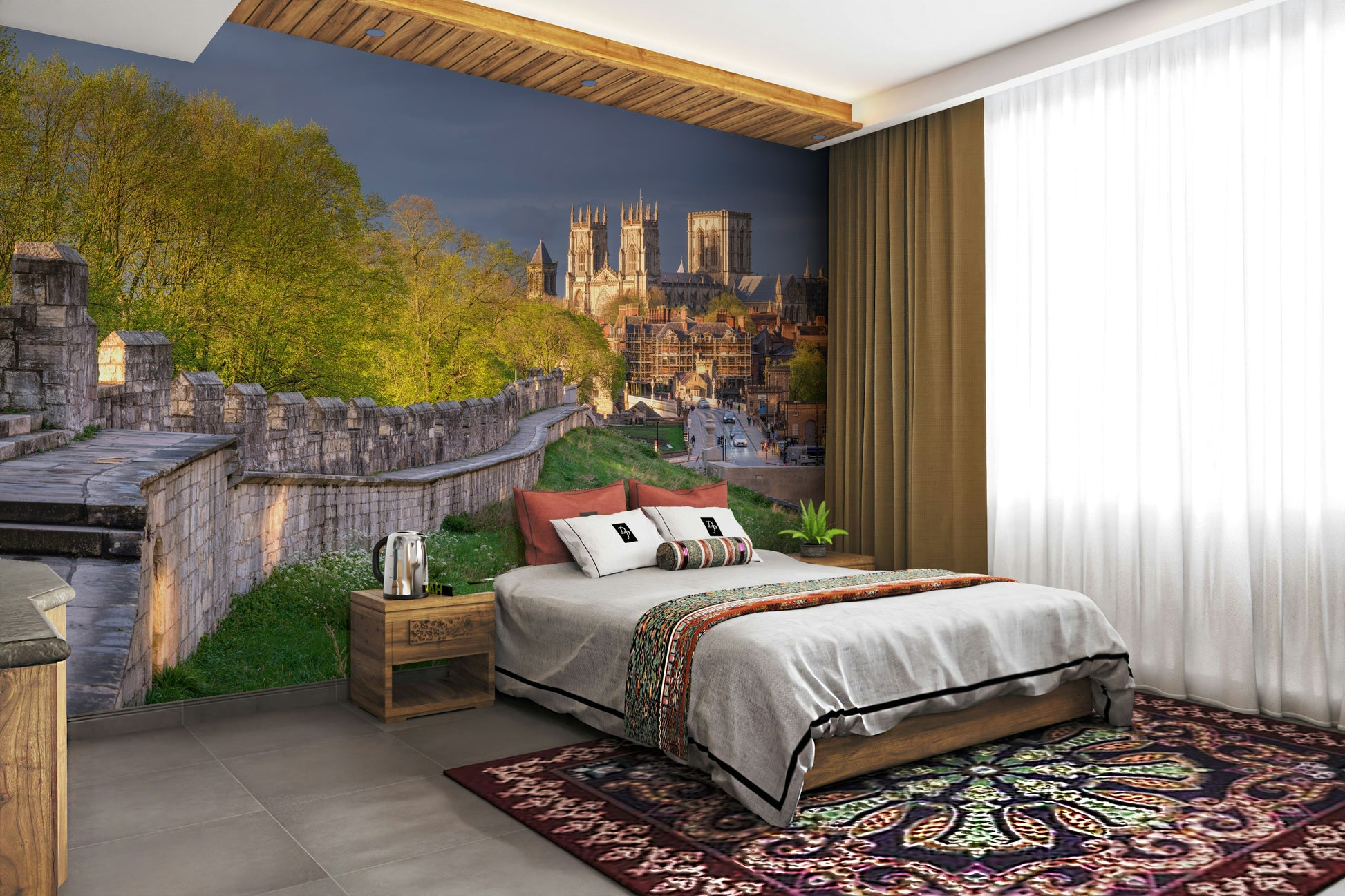 A minimalist home office with the timeless stone wallpaper.

