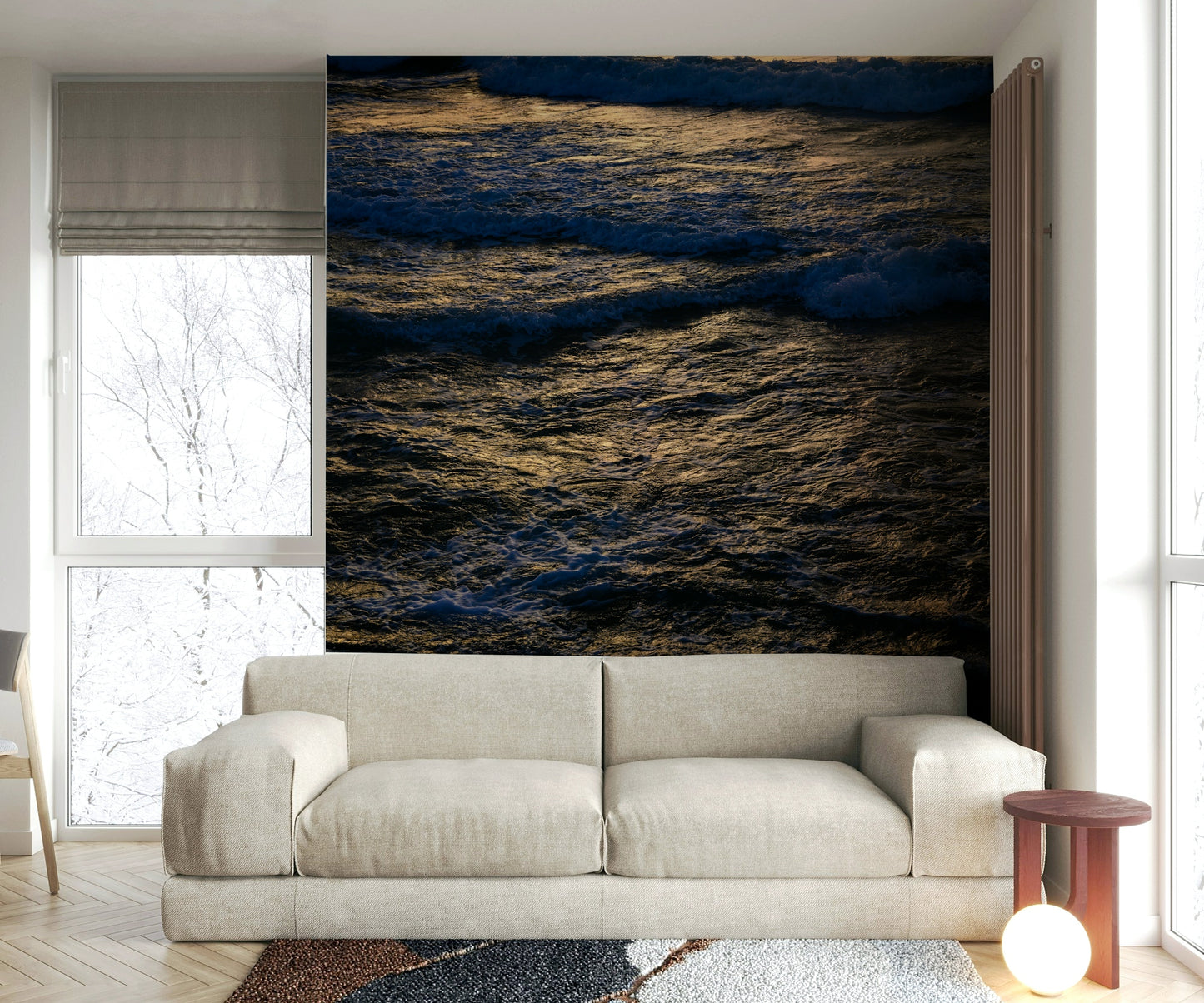 A close-up of the ocean water hitting the rugged rocks.

