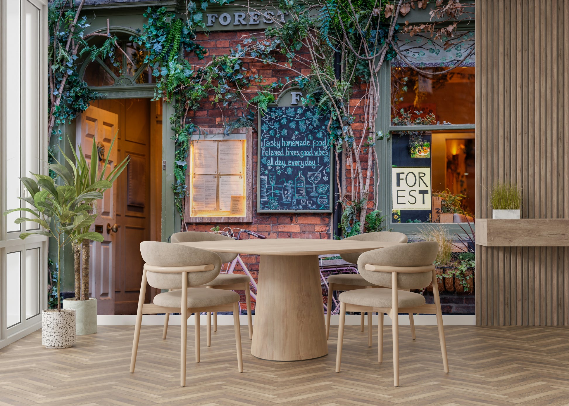 The wallpaper is used as a feature wall in a bedroom.

