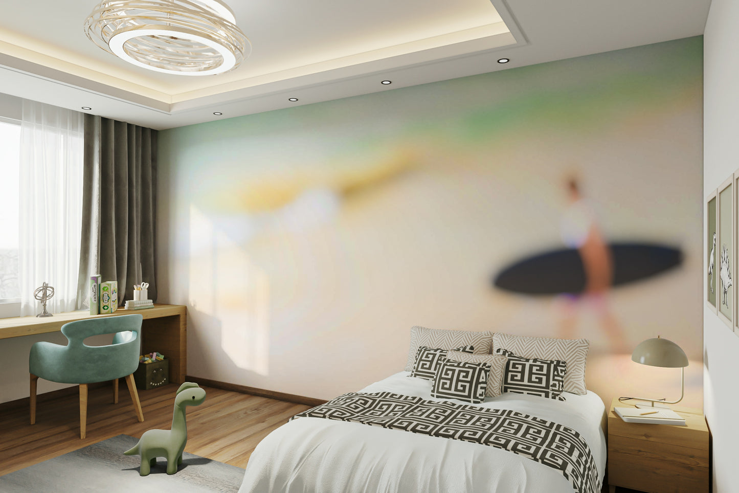 A minimalist interior with the ocean-themed wallpaper.

