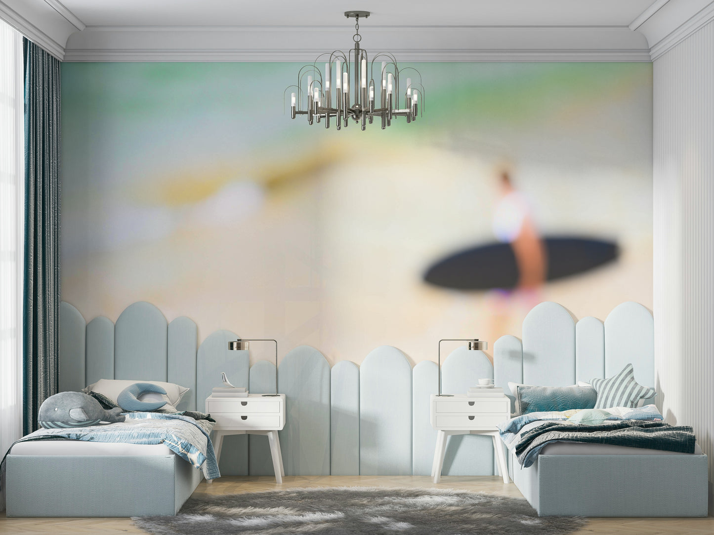 The wallpaper is used as a feature wall in a bedroom.

