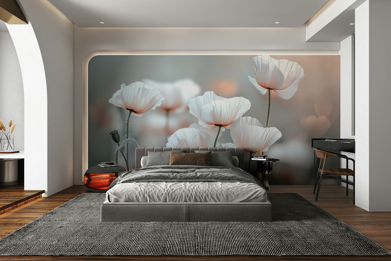 A beautiful serene poppy field wallpaper mural.

