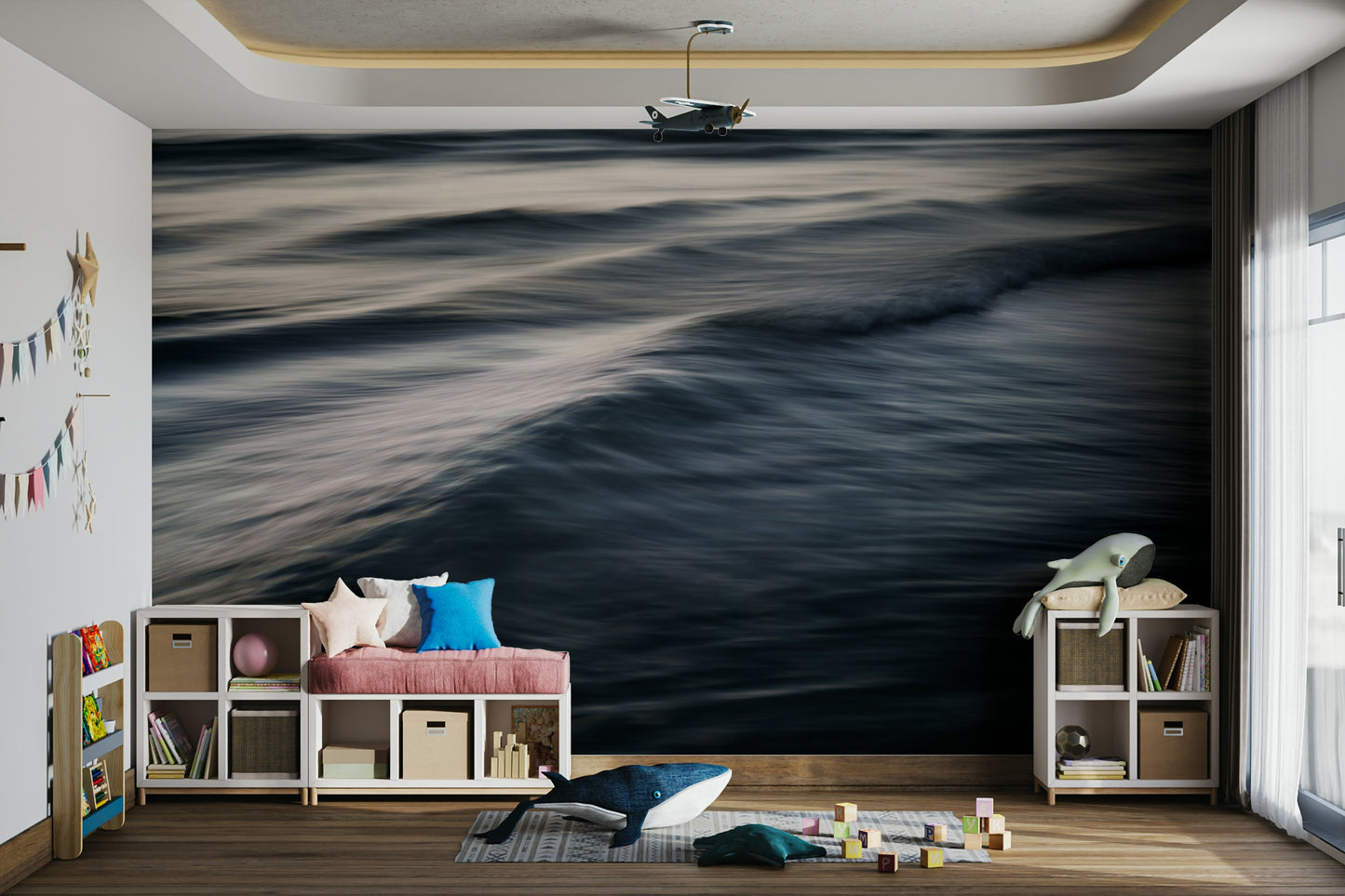 A beautiful abstract ocean wall mural for a living room.

