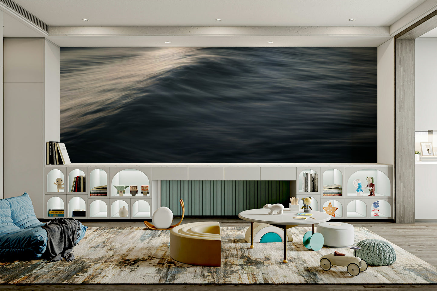 An artistic coastal scene mural on minimalist wallpaper.

