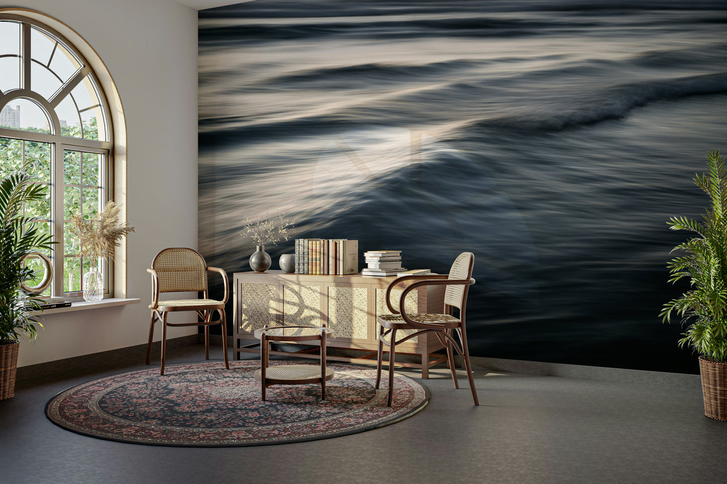 A calming water movement wallpaper mural that defines a space.

