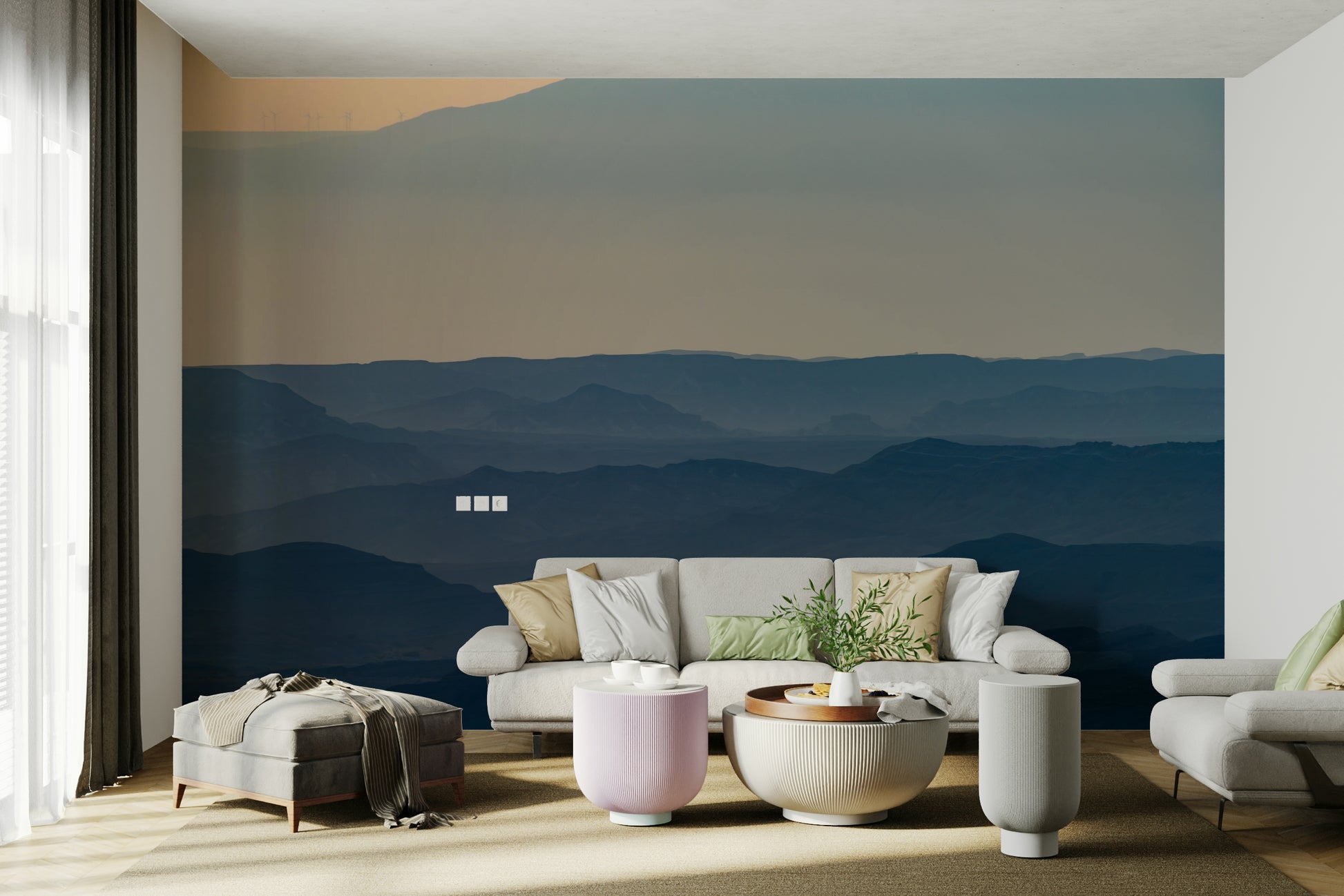 A calming desert theme wallpaper mural that defines a space.

