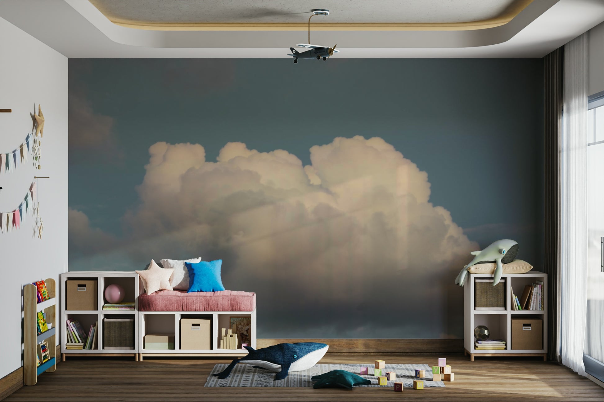 The peel and stick wallpaper showing realistic sky textures.

