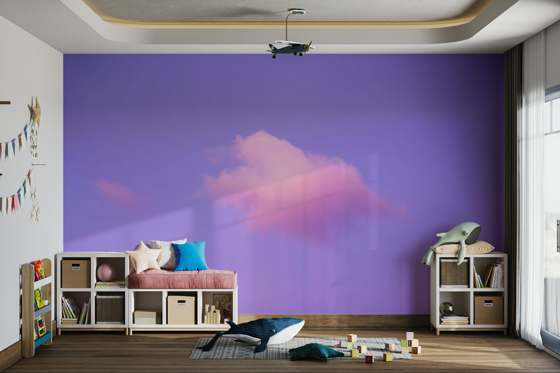 A living room featuring the cloud wall mural.

