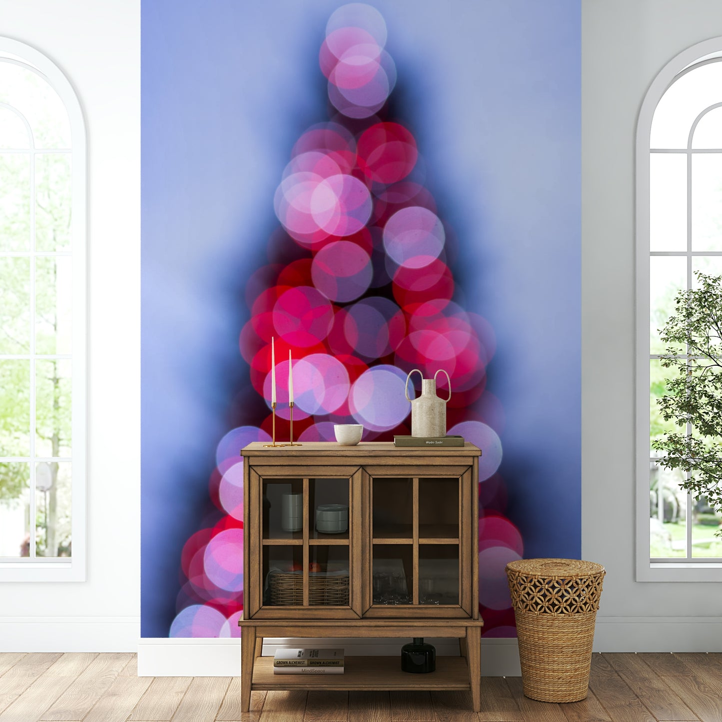 A minimalist home office with the London-themed wallpaper.

