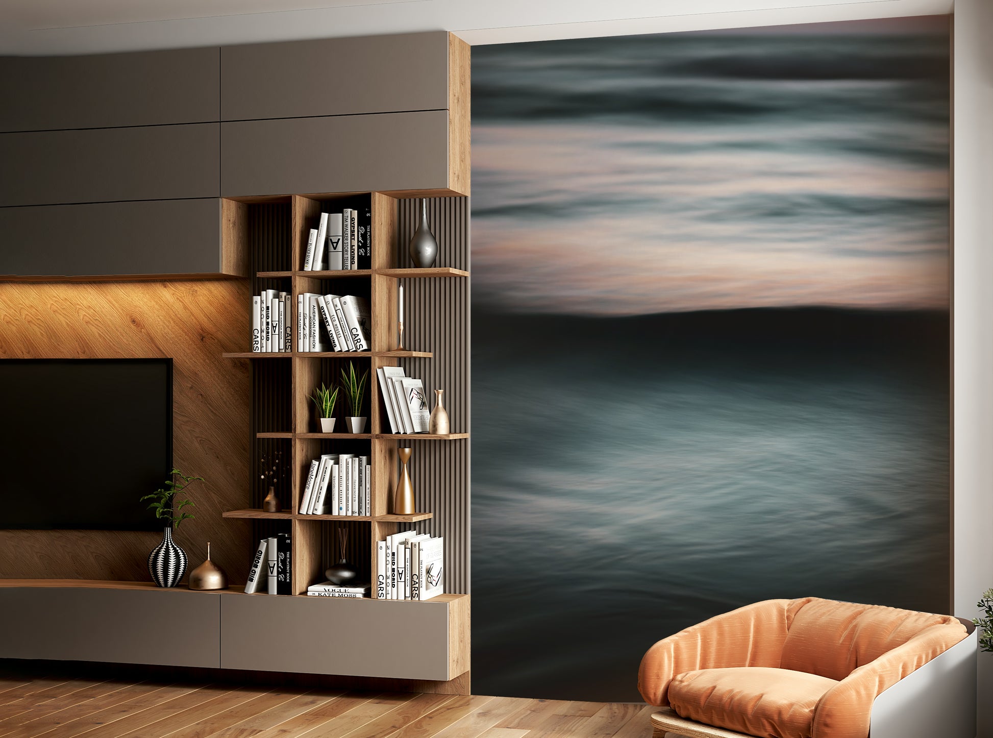 A bedroom with the wall mural behind the headboard.

