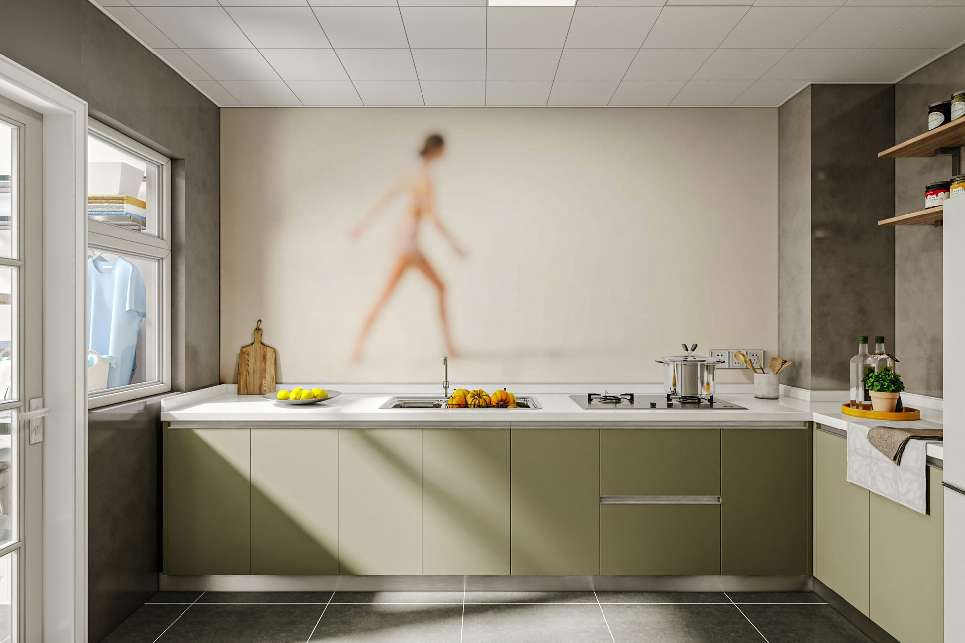 A graceful wave motion wall mural in cool, natural tones.

