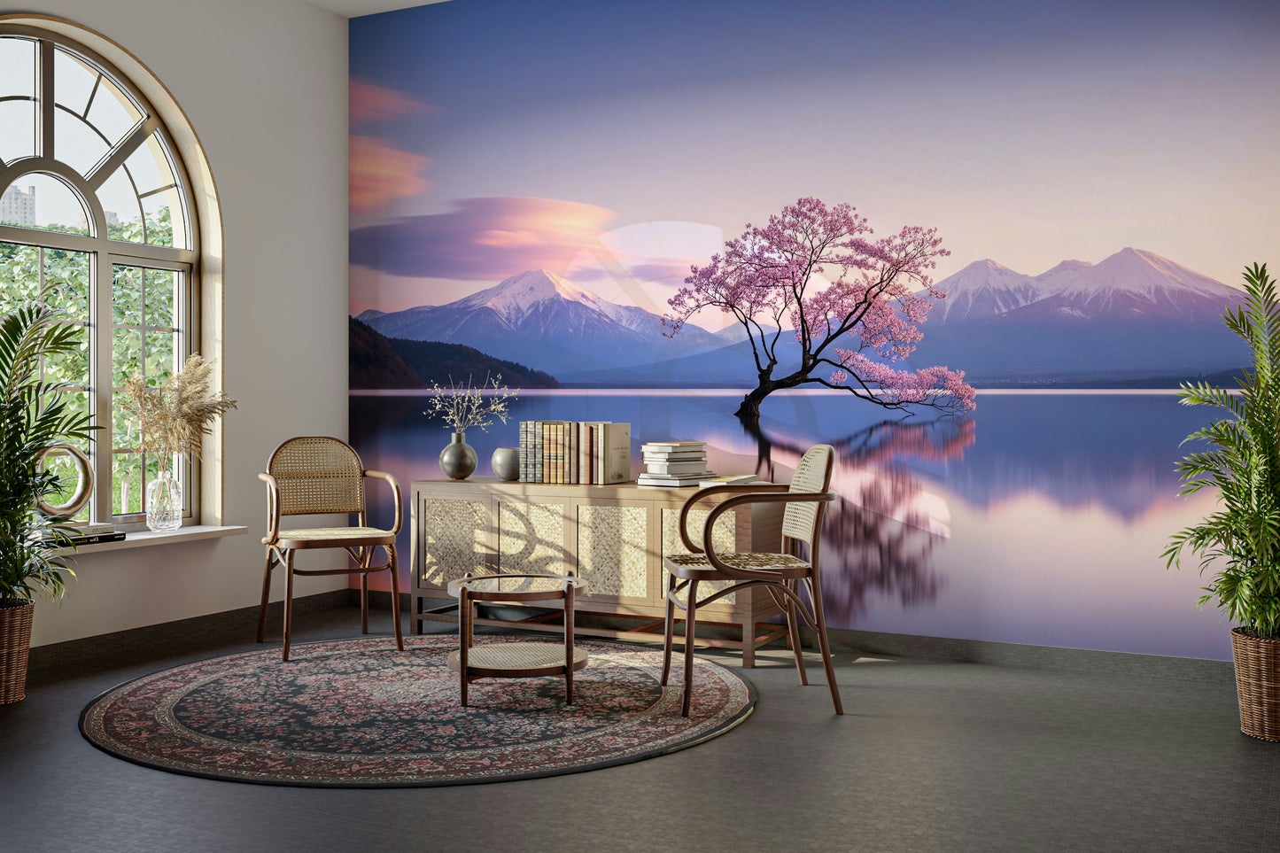 A living room featuring the peaceful wall mural.