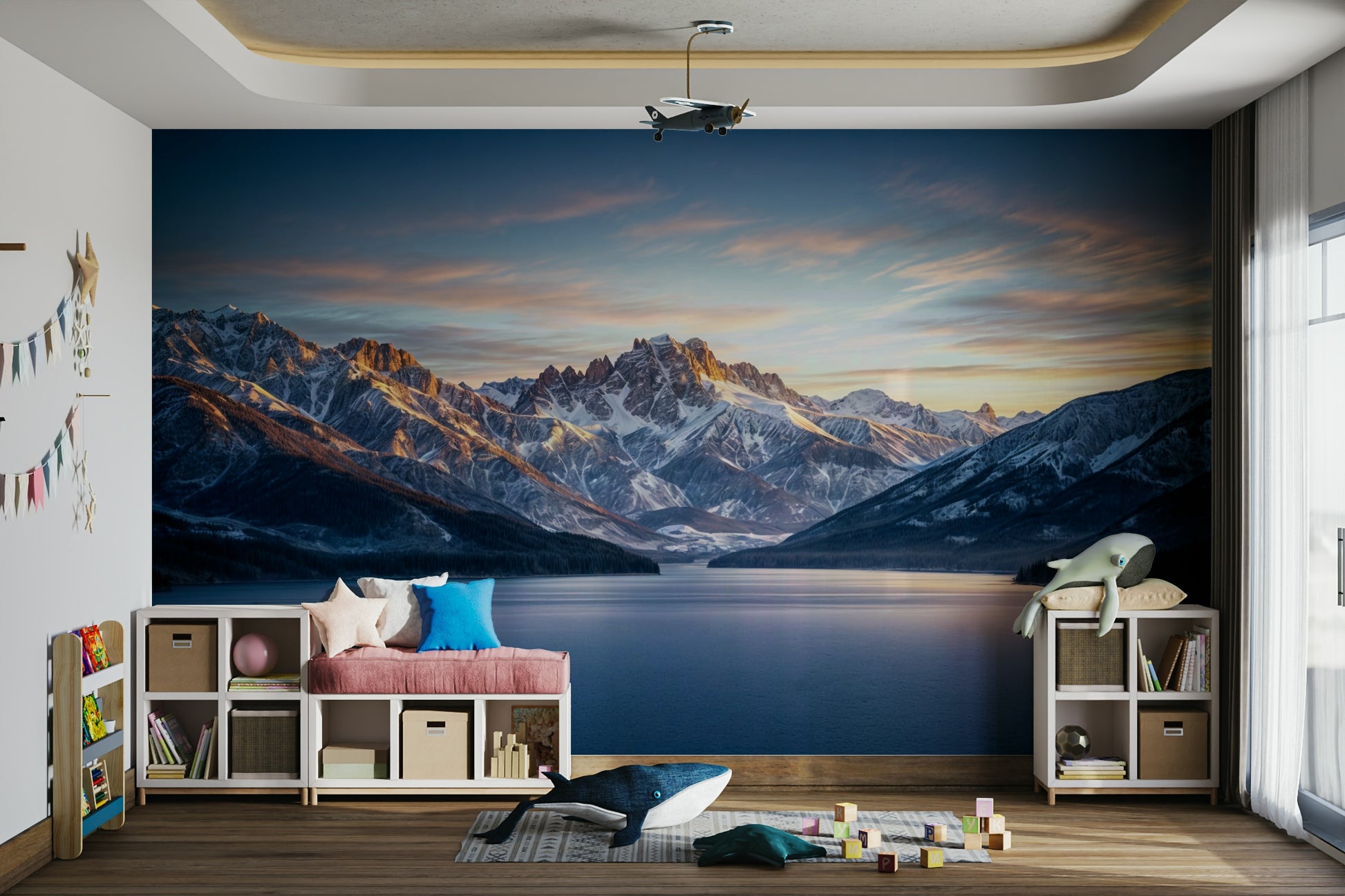 A high-angle view of the wall mural in a large space.