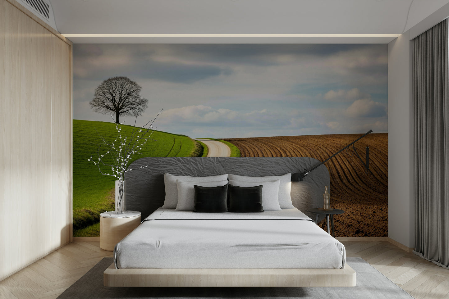 A living room featuring the rural curve wall mural.