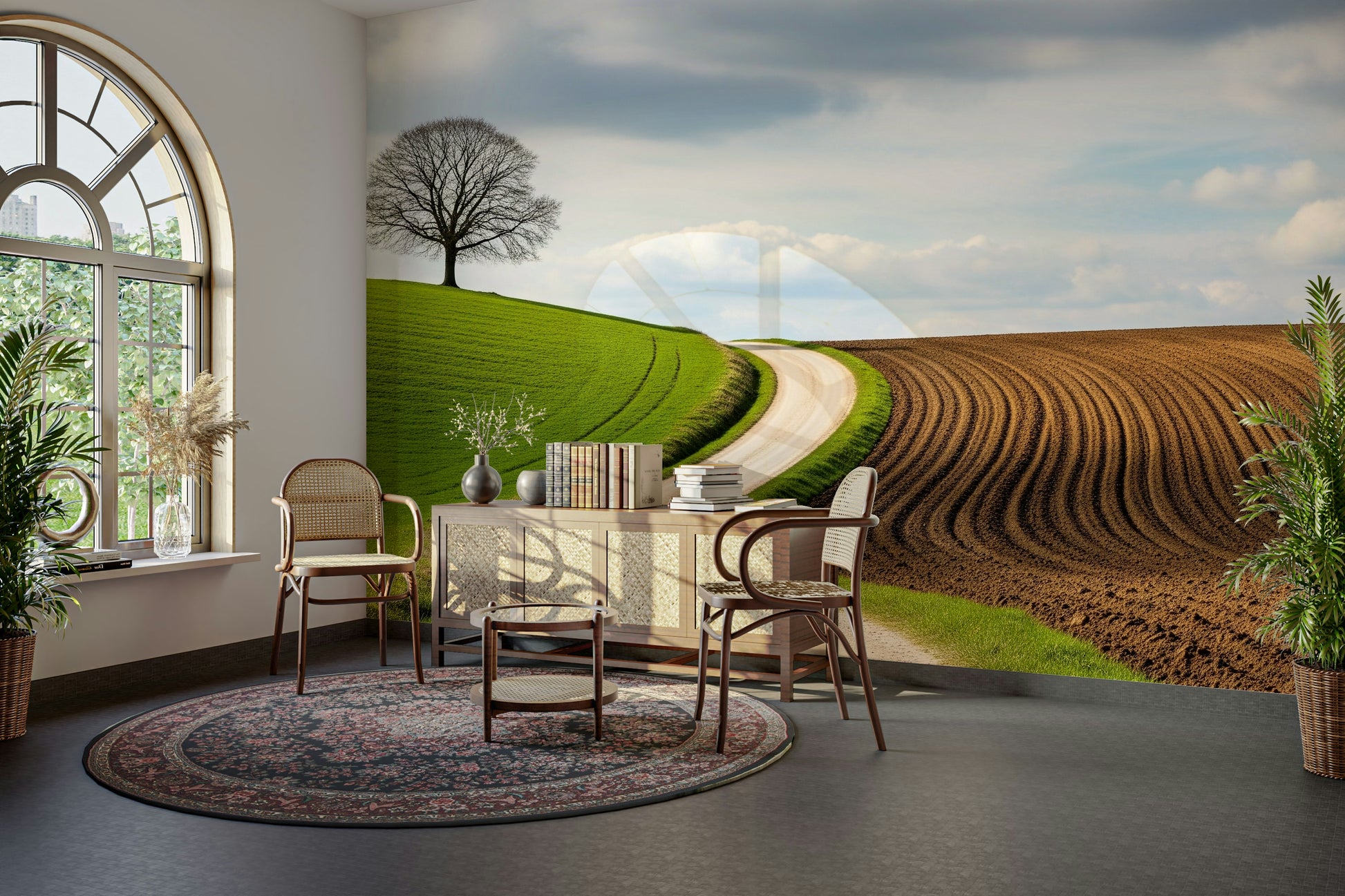 A high-angle view of the wall mural in a large space.