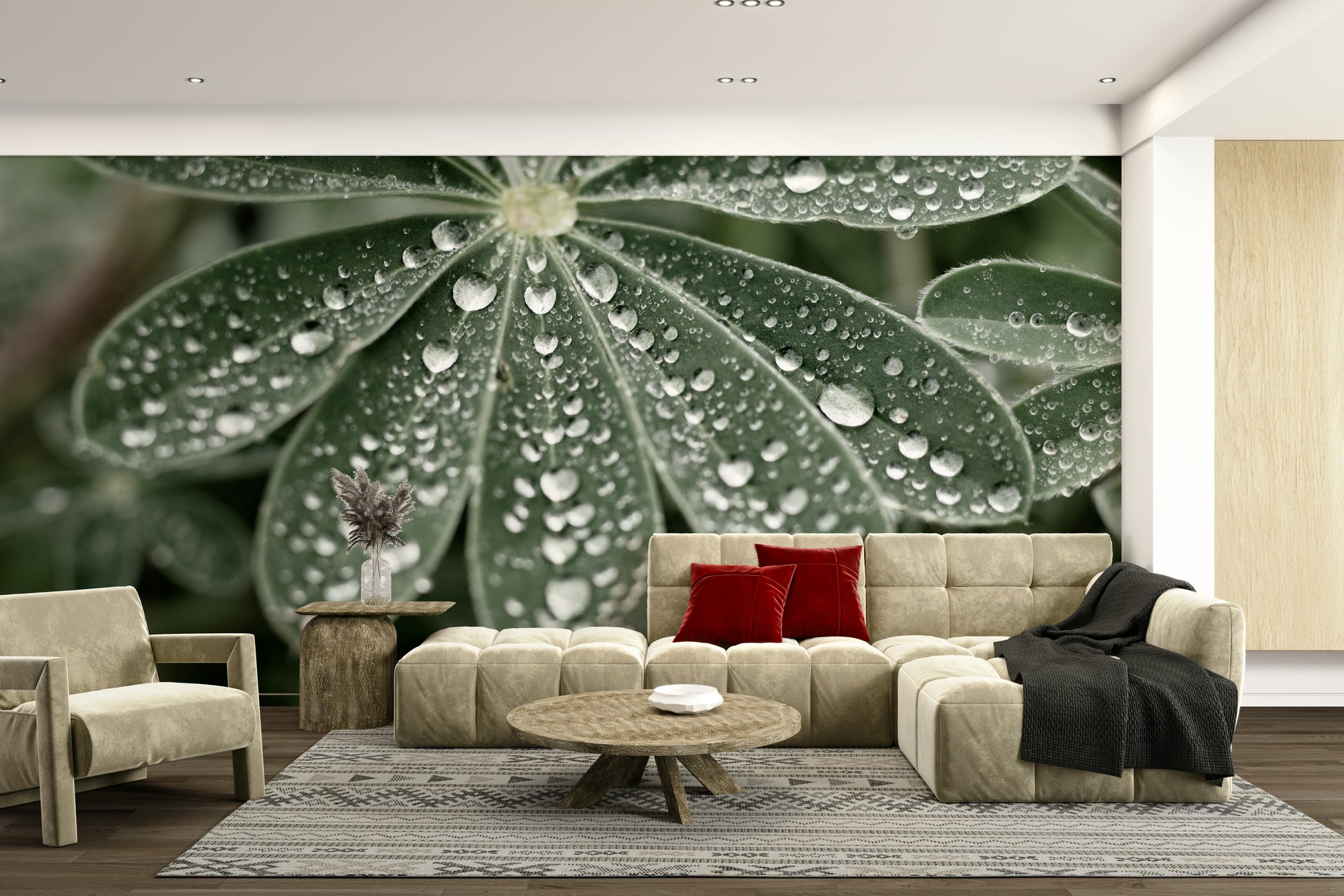 A minimalist interior with the lupine-themed wallpaper.