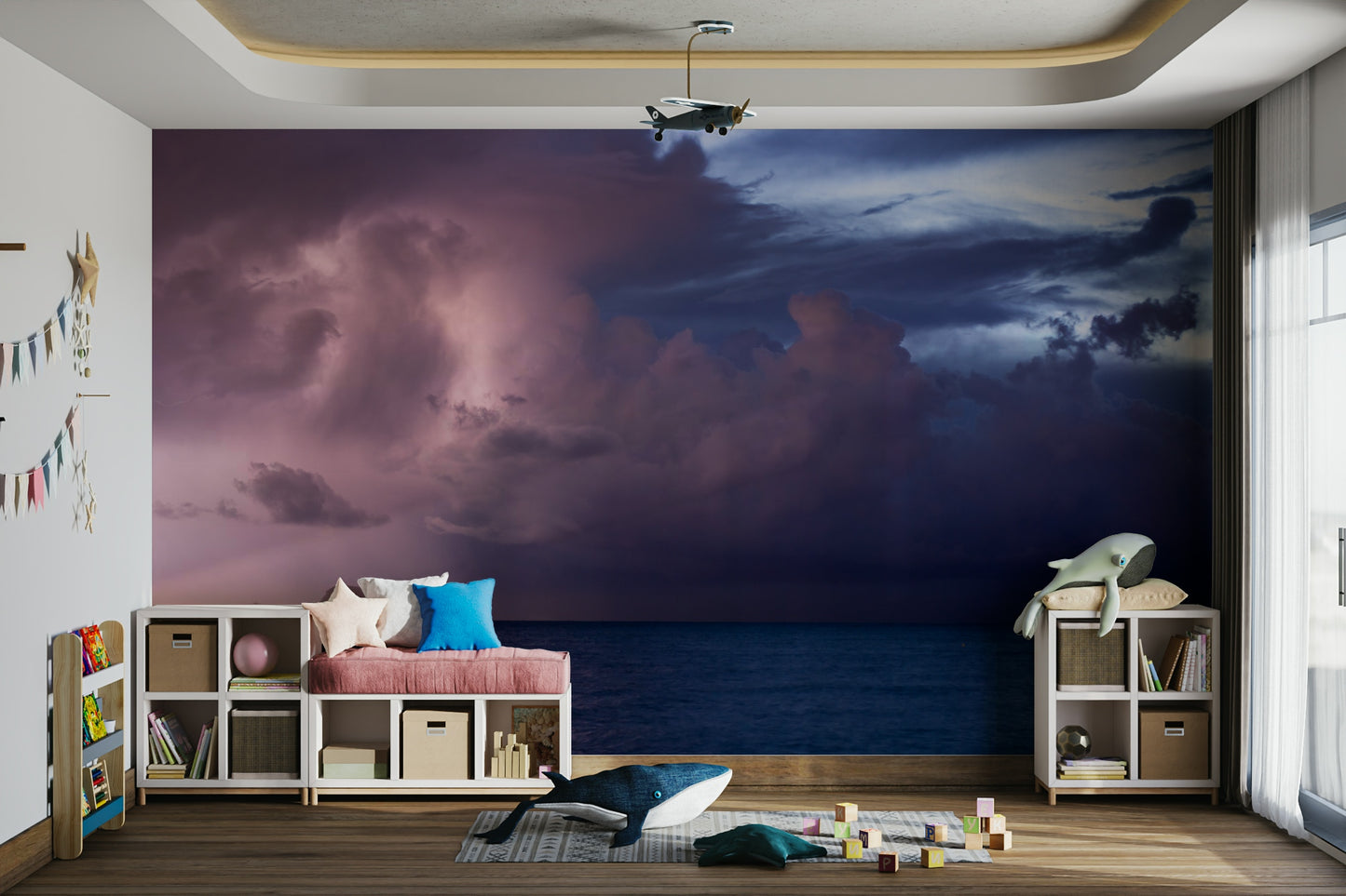 A graceful wave motion wall mural in cool, natural tones.

