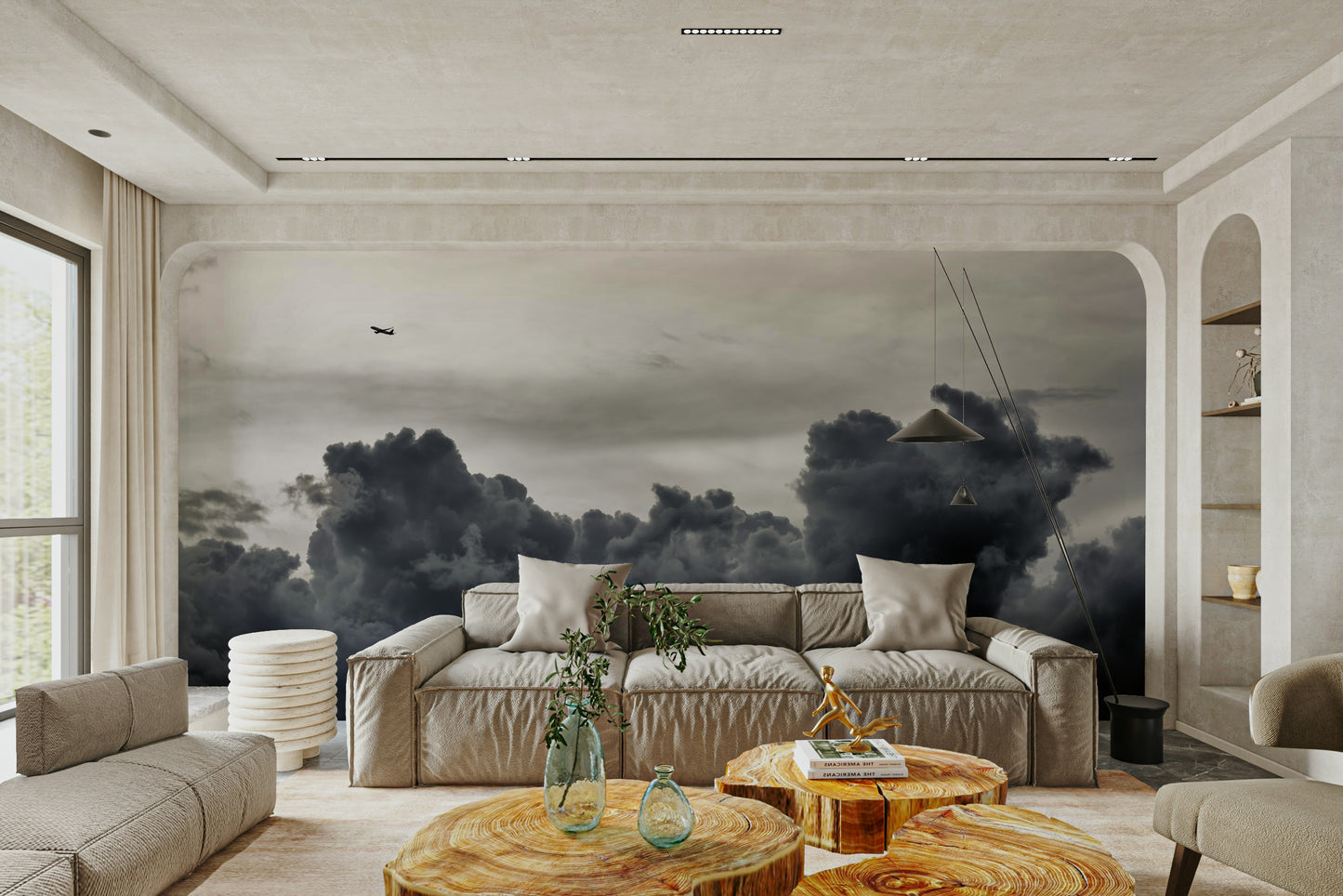 A peaceful calming sky mural on decorative wallpaper.

