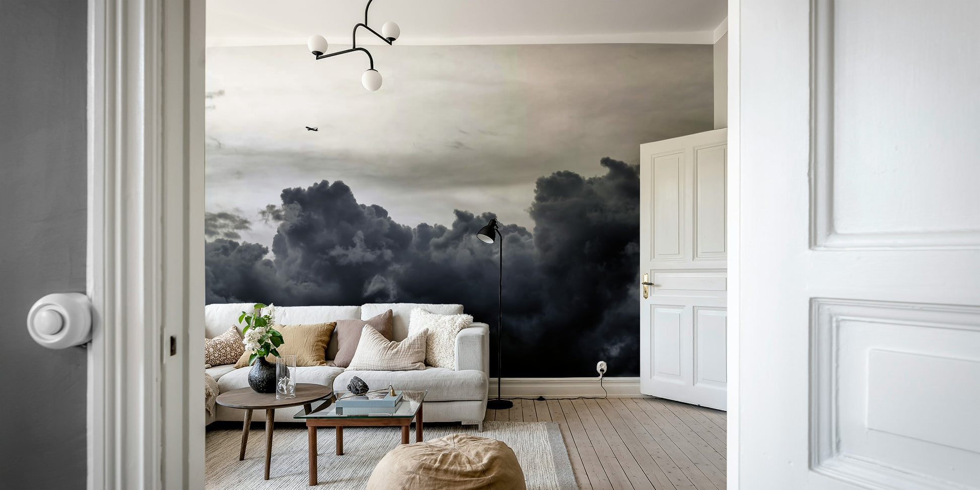 An artistic light and shadow mural on minimalist wallpaper.

