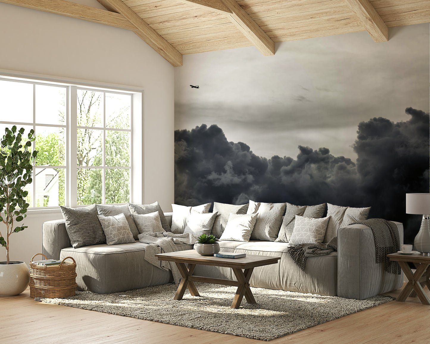 An artistic abstract cloud mural for home decor.

