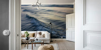 An artistic coastal scene mural on minimalist wallpaper.

