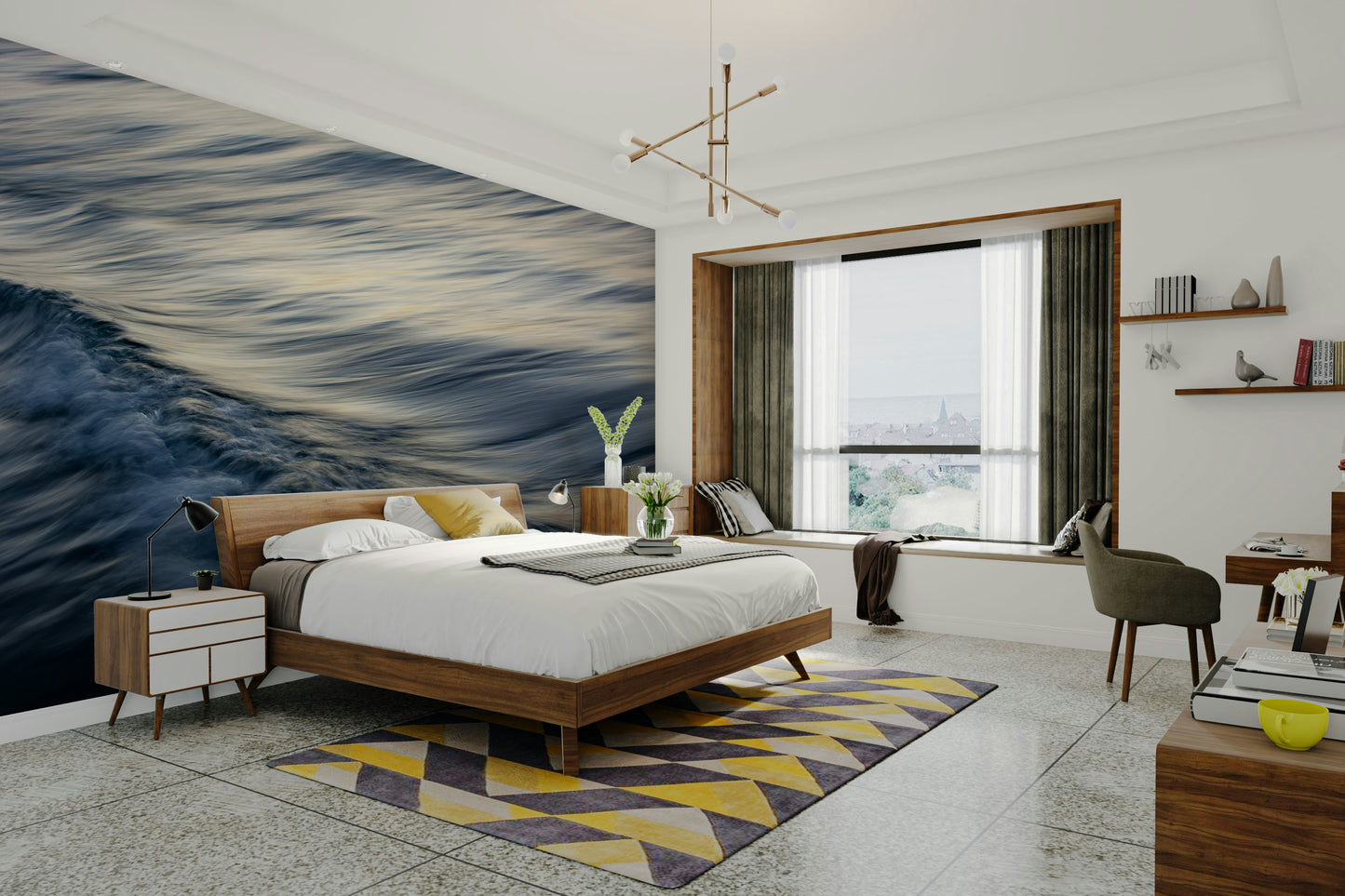 A peaceful open ocean mural on decorative wallpaper.


