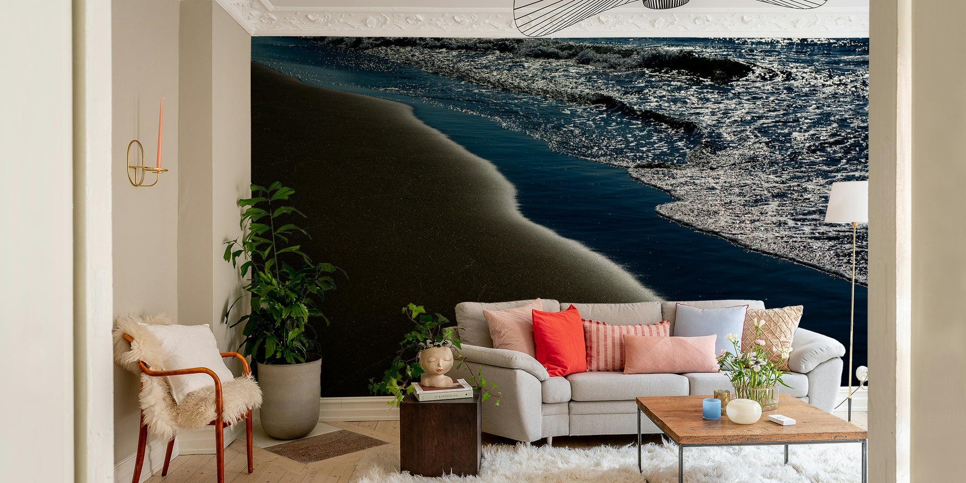 A beautiful coastal rock wallpaper mural with crashing waves.

