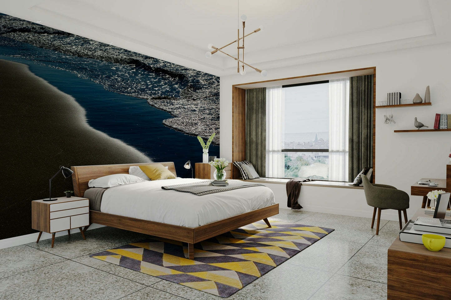 An artistic seaside view mural on minimalist wallpaper.

