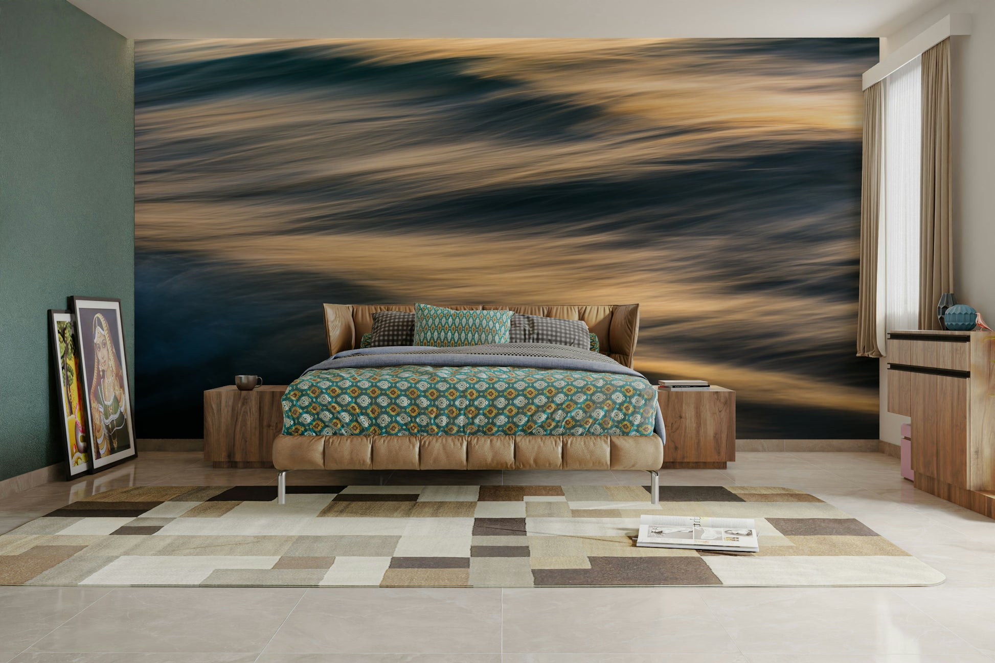 An artistic coastal scene mural on minimalist wallpaper.

