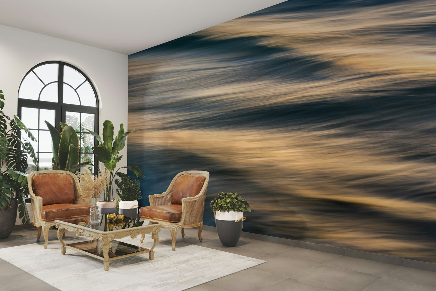 A calming water movement wallpaper mural that defines a space.


