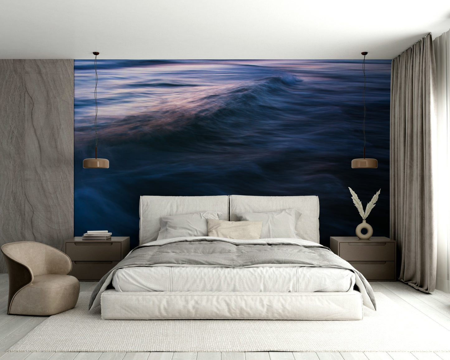 A graceful subtle pattern wall mural in cool, natural tones.

