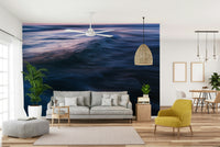 An artistic coastal scene mural on minimalist wallpaper.

