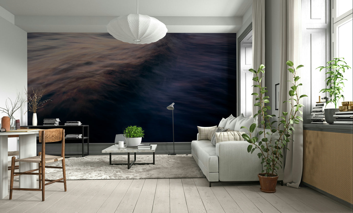 An artistic coastal scene mural on minimalist wallpaper.


