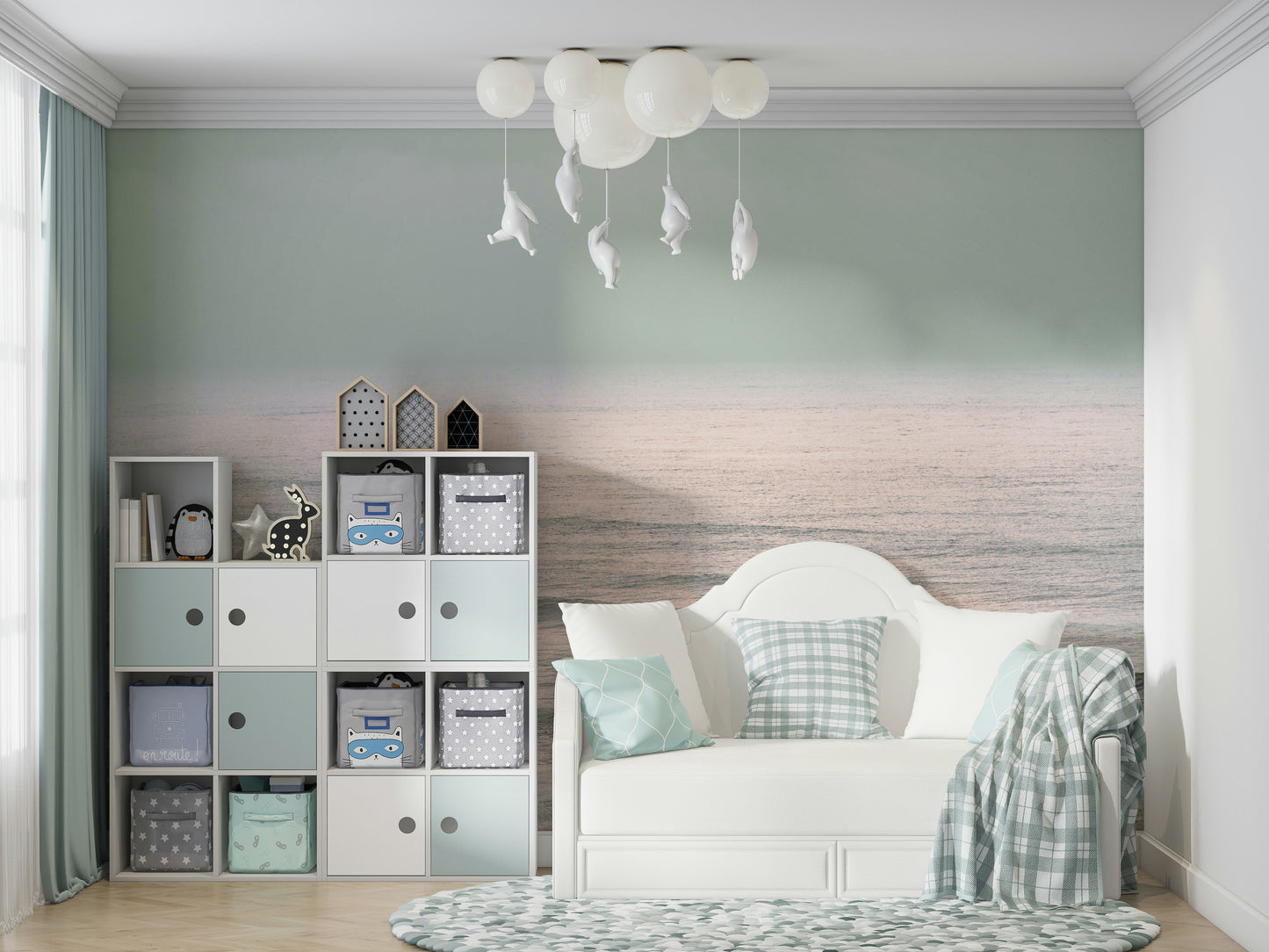 A calming abstract wave wallpaper mural that defines a space.

.

