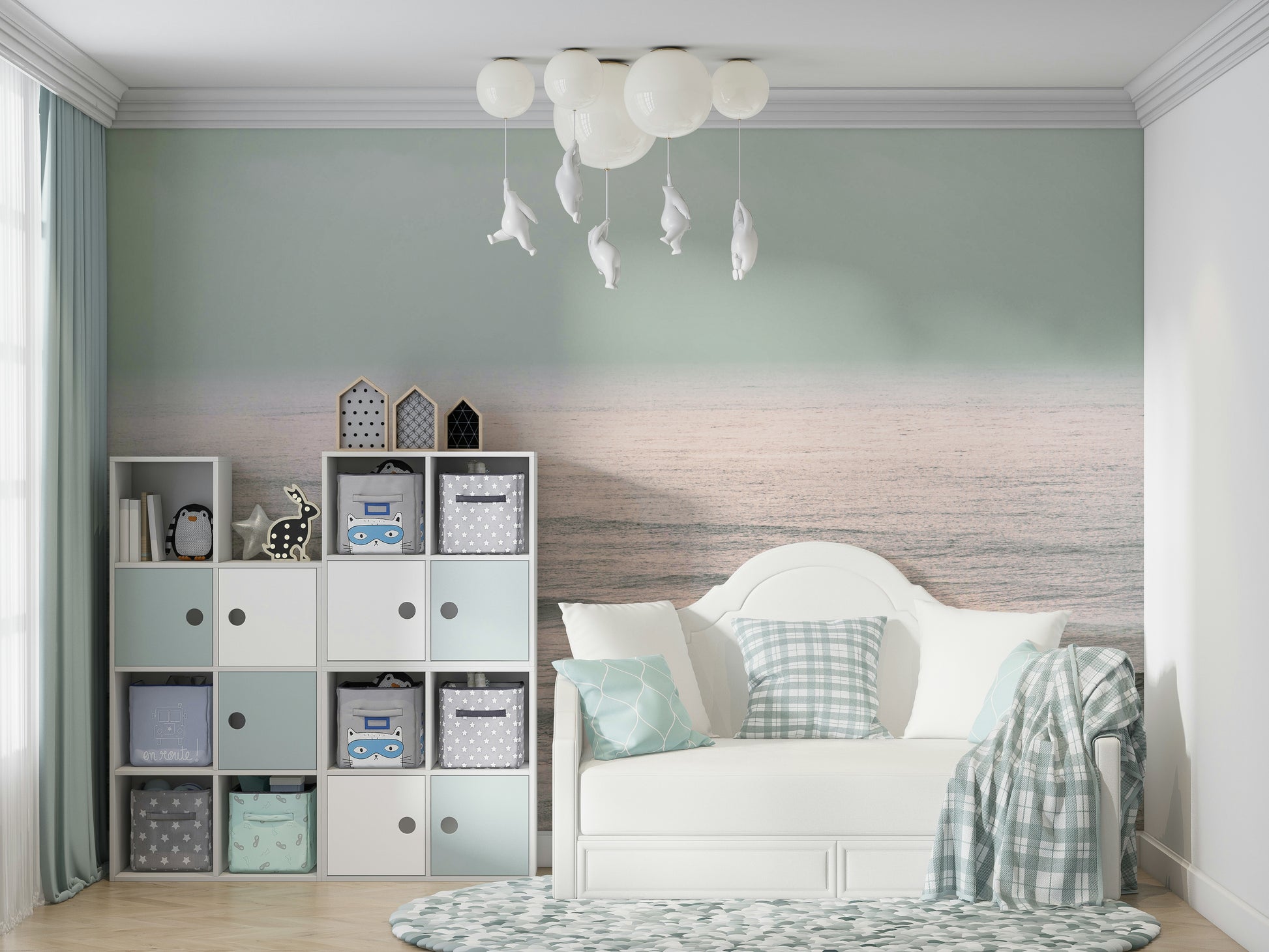 A calming abstract wave wallpaper mural that defines a space.

.

