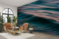 An artistic coastal scene mural on minimalist wallpaper.

