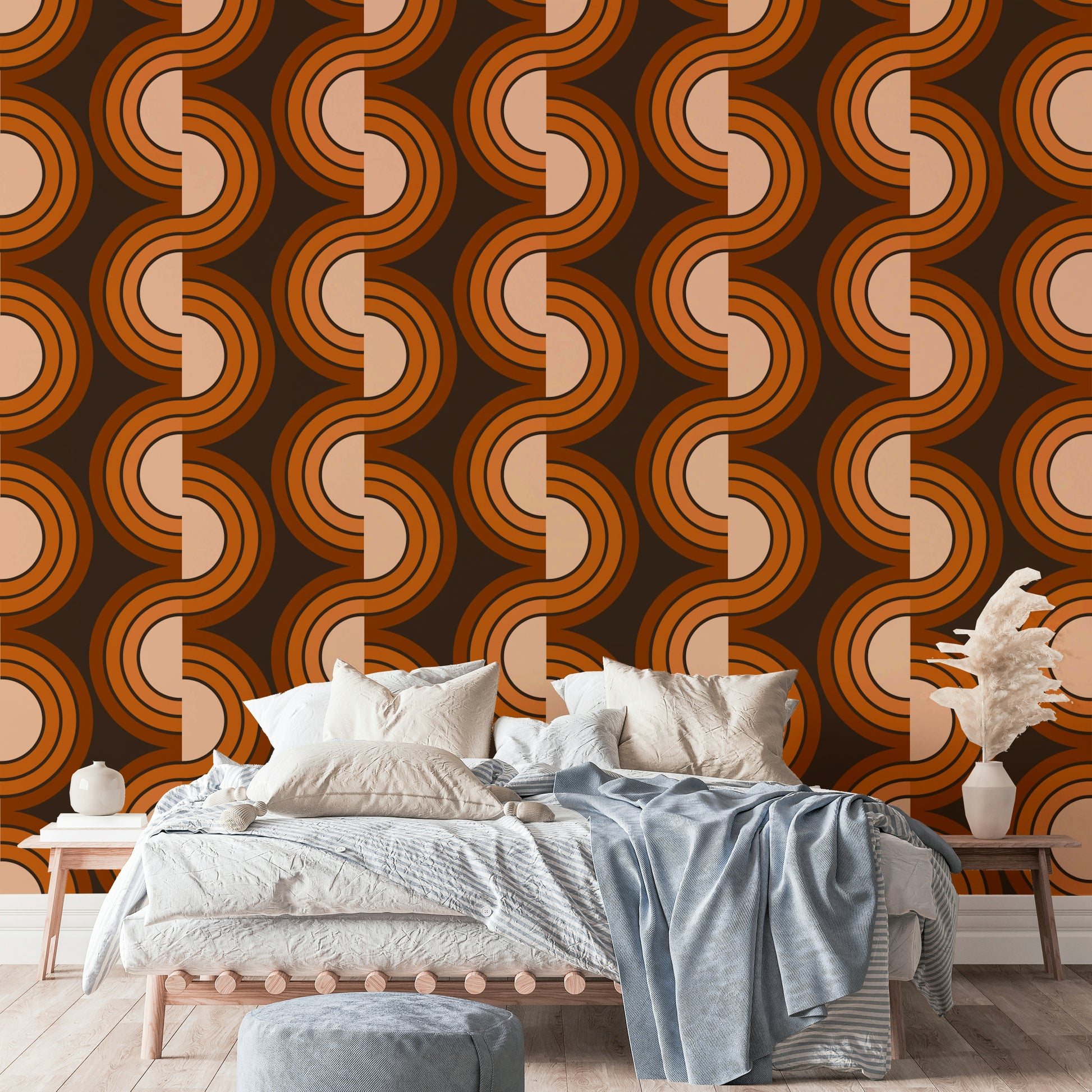 A graceful subtle geometric wall mural in bold tones.

