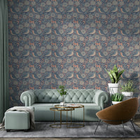 A graceful exotic aviary wall mural in soft, cool tones.

